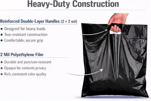 Miniatura 5 de Bolsas de plástico grandes de 16 x 18 pulgadas con asas, bolsas de plástico grandes con asas, paquete de 100 bolsas de mercancía negras gruesas