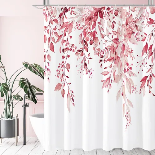 Miniatura 60 de Gibelle - Cortina de ducha de eucalipto marrón, hojas de plantas de acuarela con diseño floral, juego de cortina de ducha con ganchos, 72 x 72