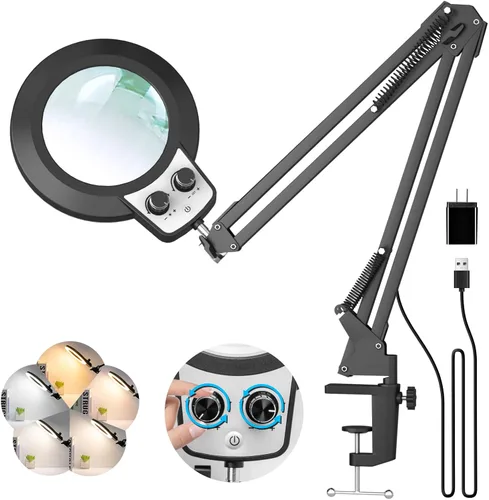 Miniatura 9 de KIRKAS Lupa 12X con luz y soporte, cualquier modo de color y brillo sin escalones, lámpara LED de aumento con abrazadera, lente de lupa 2 en 1