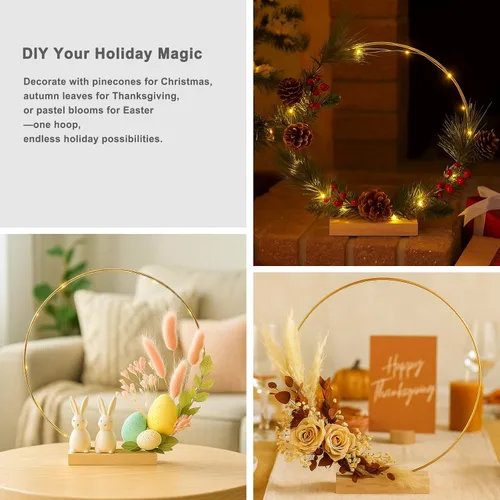 Miniatura 6 de Paquete de 12 aros florales con soporte y luces LED de hadas de 10 pulgadas, anillos de metal para centros de mesa de bricolaje, decoraciones