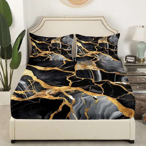 Miniatura 3 de Erosebridal Juego de sábanas tamaño individual de acuarela gris con mármol negro para niños y adolescentes, juego de ropa de cama