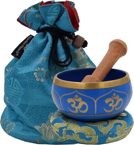 DharmaObjects ~ Juego de cuencos tibetanos OM con mazo, cojín de brocado y bolsa de transporte ~ para meditación, curación de chakras, oración, yoga