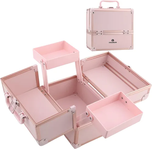 Miniatura 9 de Estuche de Maquillaje 2 Bandejas Caja Organizadora de Maquillaje Estuche de Maquillaje de Viaje Portátil con Cerradura Organizador de Almacenamiento