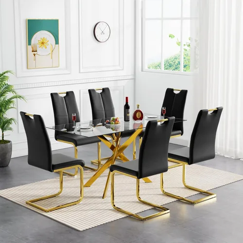 Miniatura 20 de Juego de mesa de comedor de cristal negro de 51 pulgadas para mesa de cocina de 4,5 piezas y sillas con patas de metal y 4 sillas de comedor de piel