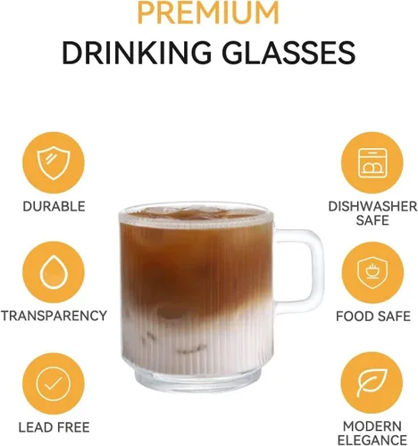 Miniatura 3 de D.M DESIGN·MASTER Paquete de 6, 12 onzas – Tazas de café de vidrio premium con asa. Vasos de té transparentes para bebidas calientes/frías, diseño