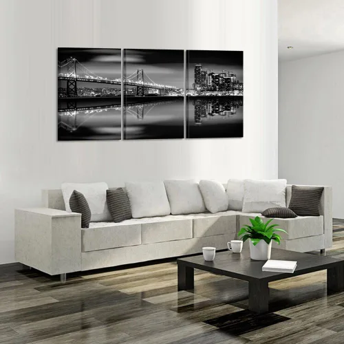 Miniatura 3 de KREATIVE ARTS - Bahía de San Francisco por la noche en puente blanco y negro, 3 paneles de arte de paisaje moderno, impresiones sobre lienzo, arte