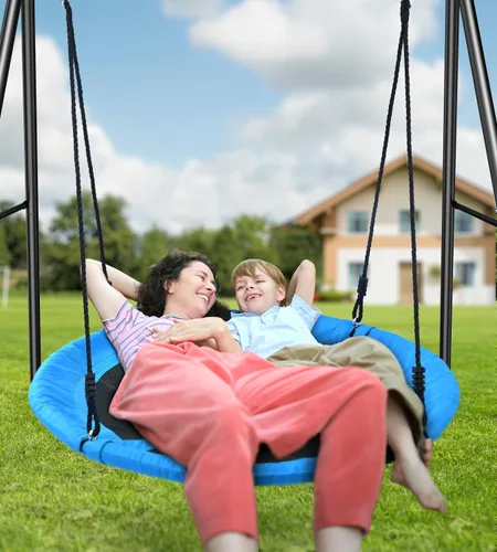 Miniatura 6 de Trekassy Columpio de platillo con marco para niños al aire libre, juego de columpio de 440 libras con soporte de metal resistente para patio Azul