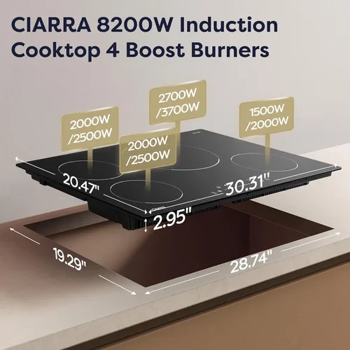 Miniatura 3 de CIARRA Placa de inducción de 30 pulgadas, 4 quemadores, estufa de inducción integrada de 8200 W con aumentador, temporizador y bloqueo de seguridad