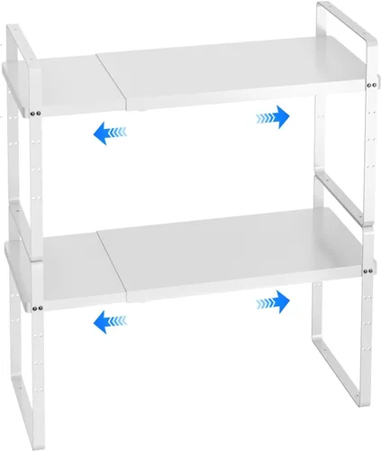 Miniatura 12 de Organizador de estante expandible para gabinete, almacenamiento apilable para mostrador de despensa de cocina, soporte ajustable para armario, Negro