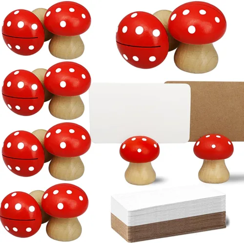 8 soportes para tarjetas de madera y 32 tarjetas de lugar de papel Kraft, mini soportes para números de mesa de setas, etiquetas de alimentos para