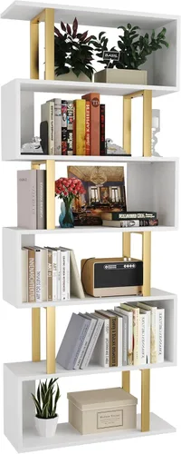 Yusong Estantería Geométrica, Estantería en Forma de S de 6 Niveles para Dormitorio, Estante Decorativo de Exhibición de Madera Moderna, Estantería