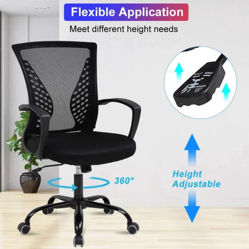 Miniatura 6 de Silla de oficina, silla de escritorio, silla de computadora, ergonómica de malla con respaldo medio con soporte lumbar y reposabrazos, silla Negro