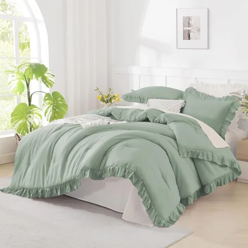 Miniatura 10 de Andency Juego de edredón beige tamaño King, 3 piezas estilo farmhouse shabby chic con volantes, ligero esponjoso suave de microfibra para todas