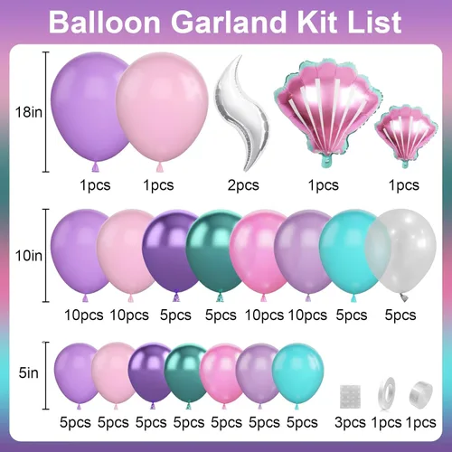 Miniatura 2 de Kit de Guirnalda de Arco de Globos de Sirena, Guirnalda de Cola de Sirena con Globos de Látex Metálico en Rosa Pastel, Morado, Verde y Turquesa