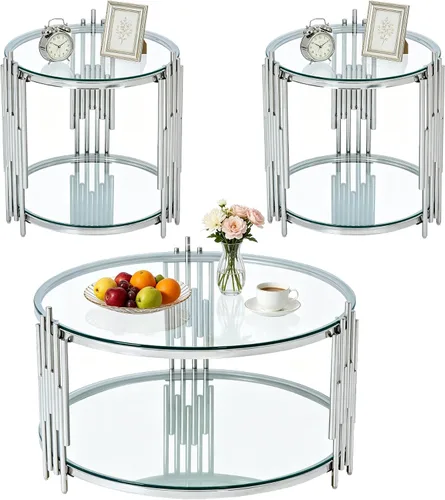 Miniatura 38 de Mesa auxiliar rectangular de vidrio de 48 pulgadas, mesa de centro de 2 niveles con parte superior de vidrio templado negro, patas de acero