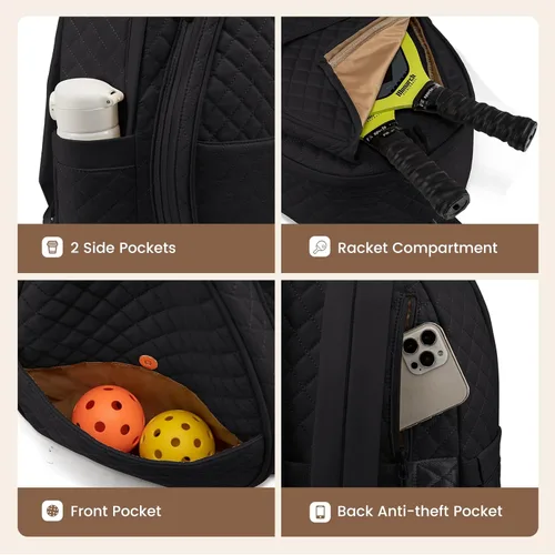 Miniatura 5 de Sucipi Bolsas de tenis para mujeres, Mochila bolsa acolchada para raqueta de tenis para raqueta de tenis, palas de pickleball, bádminton Negro