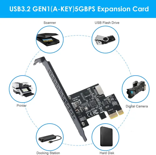 Miniatura 5 de Tarjeta de expansión PCI-E 1X a USB 3.2 GEN1 5Gbps Type-E A-Key, interfaz de panel frontal Type-C para PC de escritorio (ASM1042A)