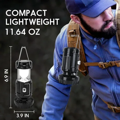 Miniatura 4 de Linterna Solar Portátil con Ventilador Recargable Actualizada 2025 - Linterna LED de Campamento Plegable y Liviana para Cortes de Energía, Linterna
