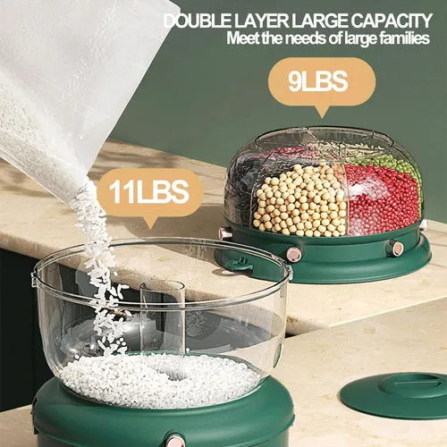 Miniatura 3 de Dispensador de cereales 20Lbs, Contenedor de almacenamiento de cocina giratorio de 360°, Dispensador de arroz y grano de doble capa, Contenedor