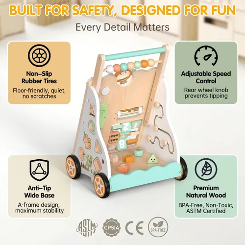 Miniatura 4 de Andador de bebé de madera con ruedas, andador de empuje con centro de actividad para bebés, juguete de caminar Montessori para niñas y niños, Natural