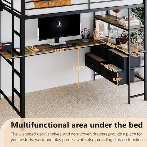 Miniatura 6 de VINGLI Base de cama individual de metal con barandilla de seguridad de 15 pulgadas, escalera antideslizante, 2 estaciones de carga, escritorio