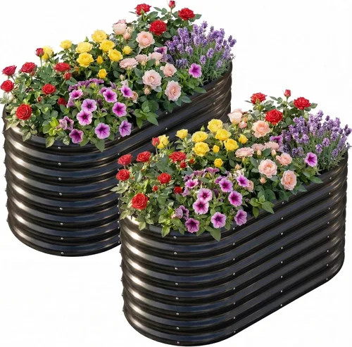 AHEONLAR Paquete de 2 macetas elevadas galvanizadas de 4 x 2 x 2 pies para exteriores, ovaladas, resistentes y duraderas, para verduras, frutas,