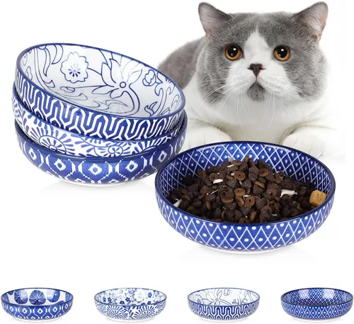 Miniatura 13 de Selamica Juego de 4 cuencos de cerámica para gatos de 5.6 pulgadas de ancho, platos poco profundos para comida y agua, varios