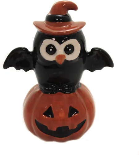 Miniatura 3 de Juego de salero y pimentero de cerámica fina para Acción de Gracias, Halloween, gato negro y búho en calabaza, 3-3/4 pulgadas de alto