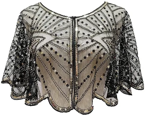 Miniatura 8 de Specell Chal de novia de los años 20, chal con cuentas de lentejuelas, chal y envolturas Bolero, cubierta para vestidos de noche, boda, fiesta, etc