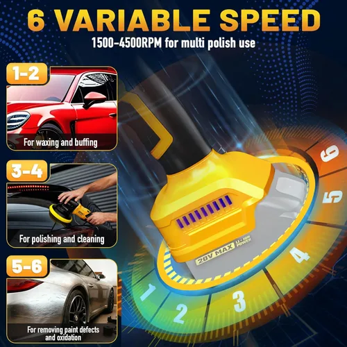 Miniatura 6 de Pulidor de búfer inalámbrico compatible con batería Dewalt de 20 V, 7500 rpm, doble acción, 6 velocidades variables, 6 pulgadas, pulidora orbital