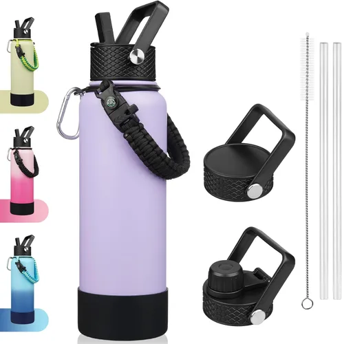 Miniatura 7 de BJPKPK - Botella de agua con tapa de popote, botellas de agua aisladas de 18 onzas con 3 tapas, asa de cuerda de paracaídas y base antideslizante