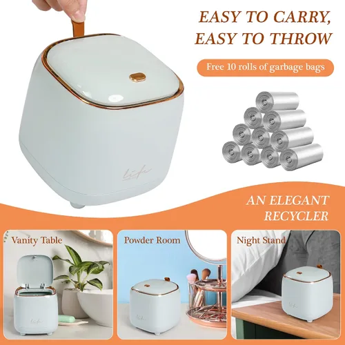 Miniatura 2 de Mini bote de basura para encimera con 10 rollos de bolsas de basura, bote de basura con tapa tipo prensa, papelera de escritorio aplicable