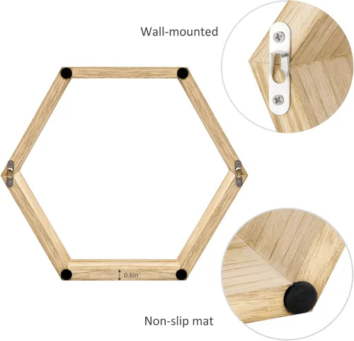 Miniatura 4 de YBING Estantes flotantes hexagonales montados en la pared de madera de granja de almacenamiento de nido de abeja, juego de 6 estantes hexagonales