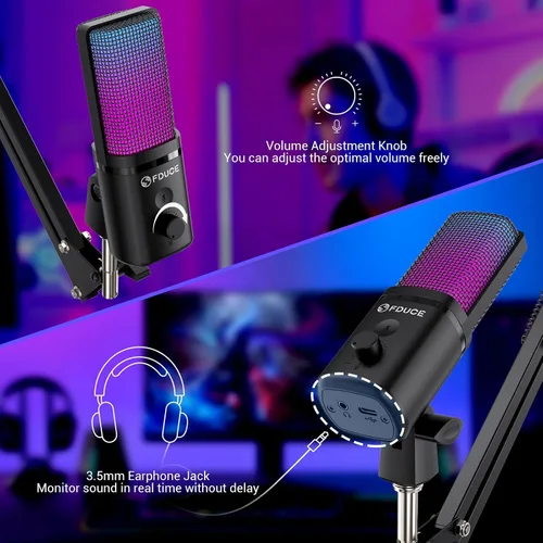 Miniatura 3 de FDUCE Micrófono USB para juegos RGB, micrófono condensador con silencio, ganancia, monitoreo, brazo de boom para transmisión, podcast, Twitch