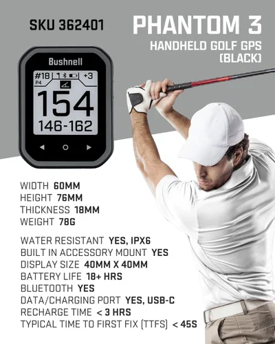 Miniatura 2 de Bushnell Phantom 3 Slope GPS Golf Green con tecnología Slope, pantalla táctil, soporte magnético para carrito con paquete y paño para lentes (negro)