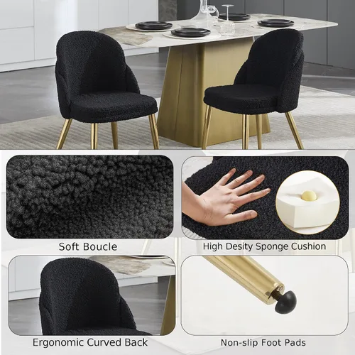 Miniatura 5 de Boucle - Juego de 2 sillas de comedor sin brazos, modernas sillas de cocina tapizadas con patas de metal dorado para cocina, comedor, color negro