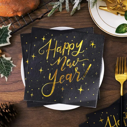 Miniatura 3 de Waline - 80 servilletas de papel desechables de papel de Año Nuevo, color negro y dorado, servilletas de cena para Nochevieja, suministros de fiesta
