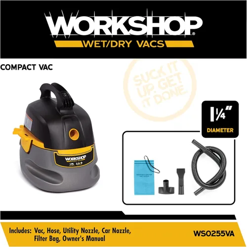 Miniatura 2 de WORKSHOP Wet/Dry Vacs Aspiradora de taller WS0255VA, 2.5 galones, 1.75 pico HP, aspiradora portátil para húmedo y seco con bolsa de filtro, manguera