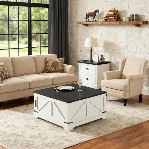 Miniatura 9 de Vabches Mesa auxiliar elevable de 35.4 pulgadas con almacenamiento, mesas de centro cuadradas de granja para sala de estar, mesa central