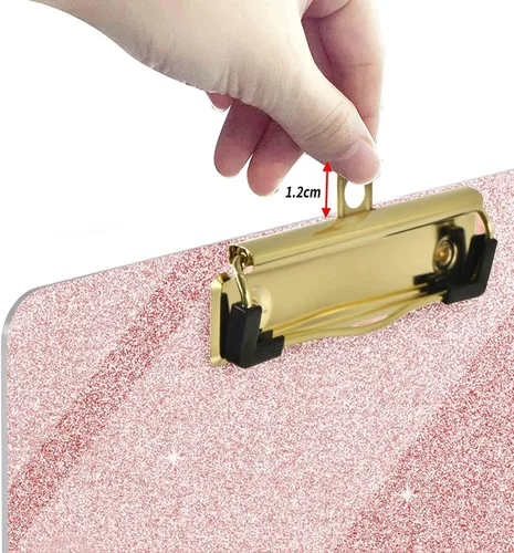 Miniatura 6 de Portapapeles acrílico, tablero rígido rosa con purpurina para mujeres y niñas, tablero de clip tamaño carta Stardard con clip dorado de perfil bajo