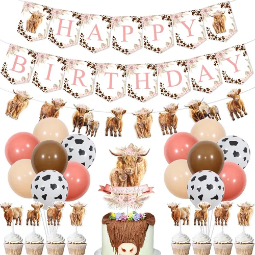 Decoraciones de cumpleaños de vaca de las montañas para niña, suministros de fiesta floral retro bohemia, pancarta de feliz cumpleaños, guirnalda de