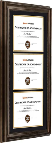 Miniatura 3 de Marco de tres certificados de 14 x 29 pulgadas con paspartú doble negro sobre dorado para (3) diplomas/grados de 8.5 x 11 pulgadas, ganchos