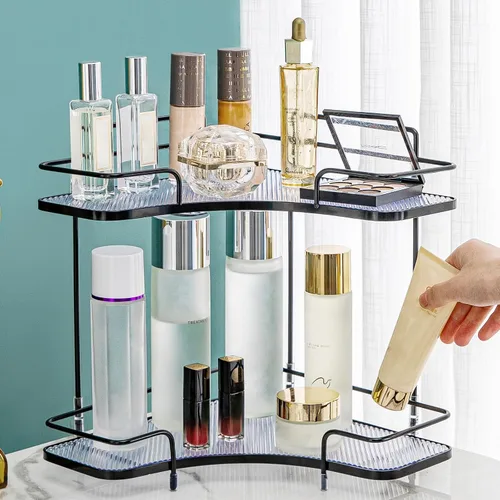 Miniatura 6 de Seoneiro Organizador de esquina de 2 niveles para encimera de baño, organizador cosmético para el cuidado de la piel, bandeja de perfume