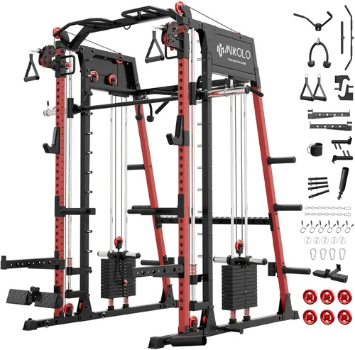 Miniatura 26 de Máquina de Smith Mikolo, banco de sentadillas de 2200lbs con sistema de tracción LAT y máquina de cruce de cables, equipo de entrenamiento con Rojo