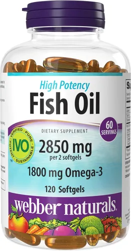 Webber Naturals Aceite de pescado de 2850 mg, alta potencia, 1,800 mg de omega-3 por porción, 120 cápsulas blandas entéricas transparentes, sin