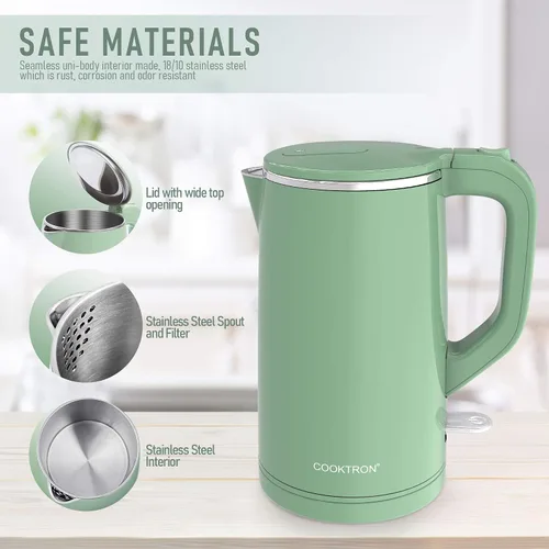 Miniatura 2 de COOKTRON Hervidor Eléctrico de 1.7L Silencioso, Hervidor de Agua Caliente de Doble Pared Libre de BPA, Tetera de Hervido Silencioso y Tacto Fresco