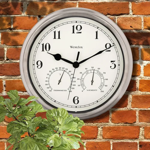 Miniatura 4 de Westclox Reloj de pared para interiores y exteriores con medidores de temperatura y humedad, resistente a la intemperie, precisión de cuarzo, Plata