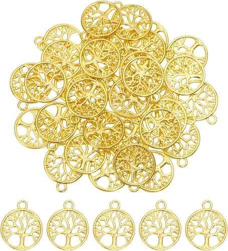 Shapenty Dijes redondos de metal para el árbol de la vida, cuentas a granel, accesorios para hacer manualidades, pulseras, collares, aretes, Dorado