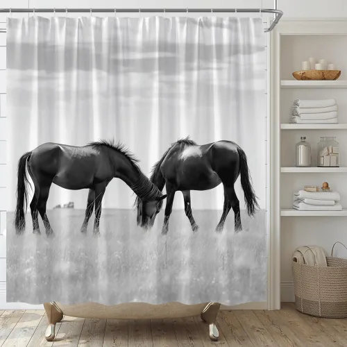 Miniatura 10 de Cortina de ducha con estampado de vaca, piel de vaca negra y blanca, divertida piel de granja de animales de granja, estilo occidental, tela Negro