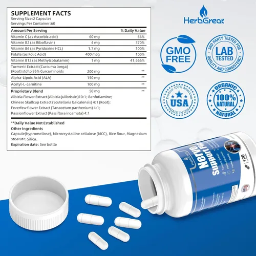 Miniatura 2 de Nerve Support Plus, suplemento nervioso alfa-lipoico, extracto de cúrcuma ácida, B12, vitaminas y mezcla de hierbas para fortalecer la salud